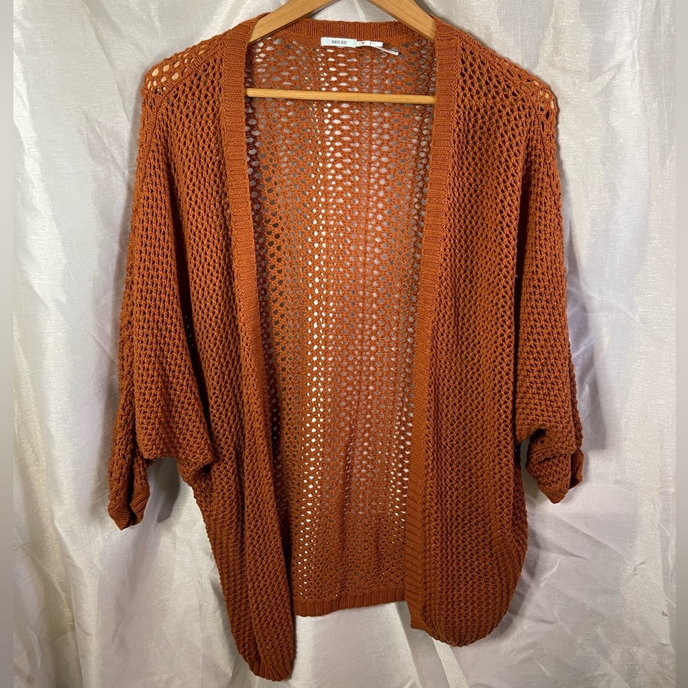 Kimchi Blue Burnt Orange Crochet Knit Open Long Dolman Sleeve Cardigan Sweater